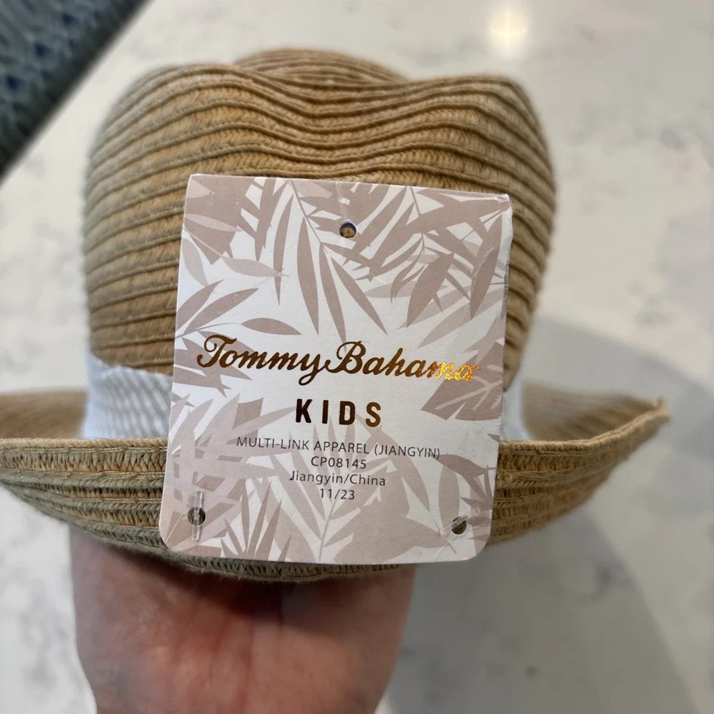 Tommy‎ Bahama Kids Straw Fedora Hat Seersucker Striped Band Vacation Summer NWT